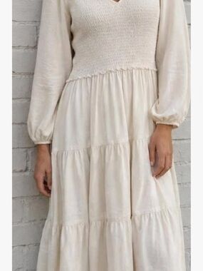 bohme Cream Smocked V‑Neck Tiered Maxi Dress